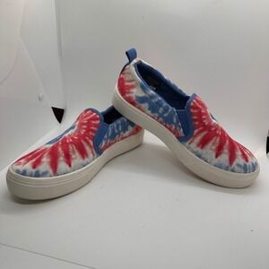 Skechers Slip On Sneakers Red White Blue Tie Dye Canvas Memory Foam Shoes Sz 6.5